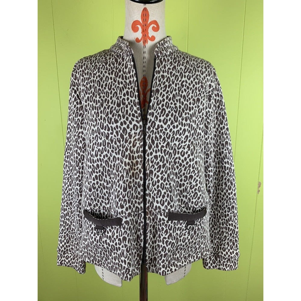 Rafael Sport Women's Sz M Jacket Animal Print Brown White Blazer Full Zip Pocket